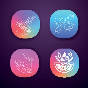 Organic food app icons set. Rice, grilled vegetables, pasta. Dinner, supper restaurant menu. First, second course. UI/UX user interface. Web or mobile applications. Vector isolated illustrations