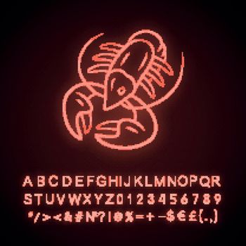 Crayfish neon light icon. Underwater sea animals, lobster. Healthy nutrition. Seafood restaurant. Food delicacy. Glowing sign with alphabet, numbers and symbols. Vector isolated illustration