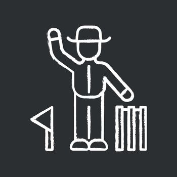 Cricket judge chalk icon. Umpire signals decision. Arbitrator follow game. Man in uniform, flag and wicket. Sport competition, tournament. Sports activity. Isolated vector chalkboard illustration