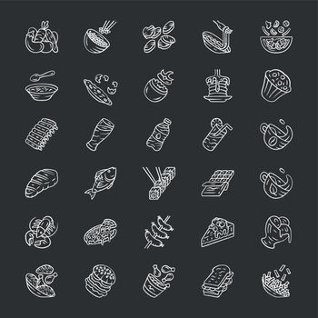 Menu dishes chalk icons set. Salads, first meal, main dishes. Burgers, pizza, beverages, desserts. Fast food, restaurant, cafe, bistro meal. Isolated vector chalkboard illustrations