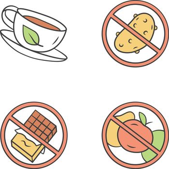 Low carbs and diabetic diet color icons set. No glucose and carbohydrate products. Organic green tea cup. Sugar free food and healthy eating. Potato, chocolate bar isolated vector illustrations