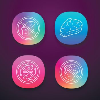 No gluten diet app icons set. Zero carbs, carnivore eating. UI/UX user interface. Pastry products refuse. Macaroni, bread loaf, meat steak. Web or mobile applications. Vector isolated illustrations