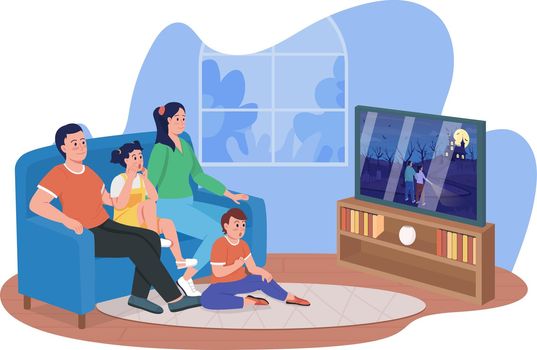 Watching horror movie with family 2D vector isolated illustration