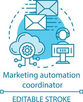 Marketing automation coordinator blue concept icon. Digital marketing specialty idea thin line illustration. Automated business campaign. Mass mailing. Vector isolated outline drawing. Editable stroke