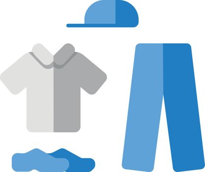 Cricket uniform flat design long shadow color icon. Cricket whites. Sportswear. Collared shirt, long trousers, cap, shoes. Man outfit. Team clothes. Outdoor activity. Vector silhouette illustration