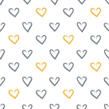 Gray and yellow hearts painted with brush on white background, vector seamless pattern