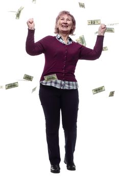 adult woman looking at banknotes in her hands. isolated on a whi