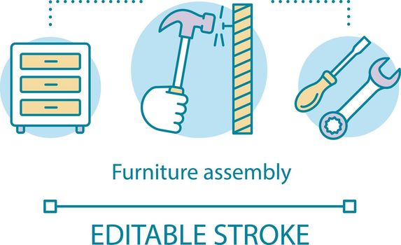 Furniture assembly concept icon. Service for home. Carpentry. Handyman work. Repair and restoration of commode idea thin line illustration. Vector isolated outline drawing. Editable stroke