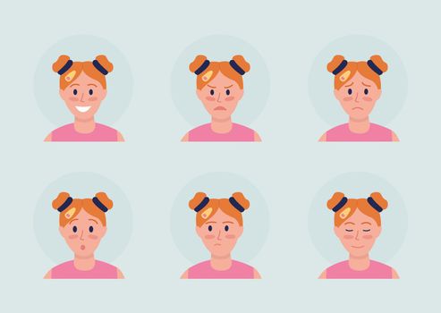 Redhead girl with different emotions semi flat color vector character avatar set