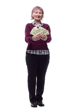 adult woman looking at banknotes in her hands. isolated on a white