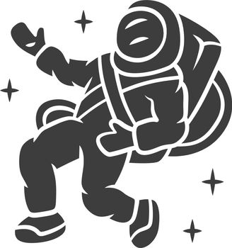 Astronaut glyph icon. Spaceman. Space explorer. Cosmonaut in outer space. Crew member of spacecraft. Man in space suit. Cosmic mission. Silhouette symbol. Negative space. Vector isolated illustration