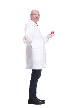 medical laboratory employee with a laboratory flask.
