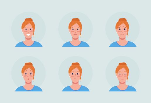 Redhead woman with different emotions semi flat color vector character avatar set