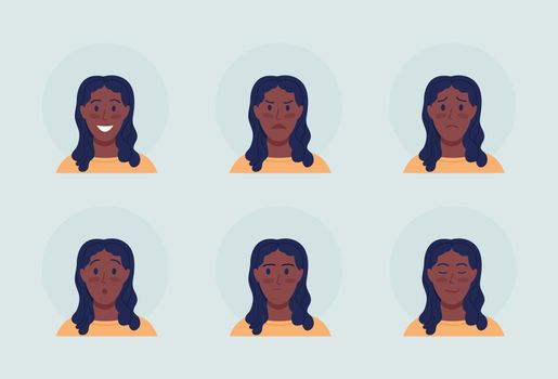 Woman with emotional expressions semi flat color vector character avatar set