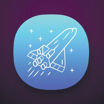 Spaceship app icon. Flying spacecraft. Aerospace vehicle. Human spaceflight. Space exploration. Interplanetary travel. UI/UX user interface. Web or mobile application. Vector isolated illustration
