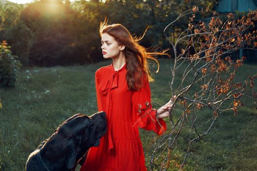 fashion attractive woman in black purebred dog outdoors