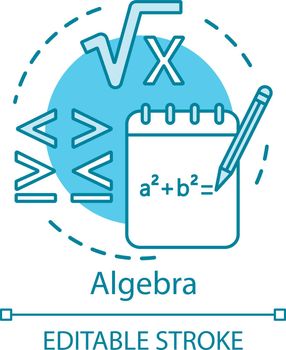 Algebra concept icon. Advanced calculations, learning advanced algebra idea thin line illustration. Algebraic equations, more and less sign. Vector isolated outline drawing. Editable stroke