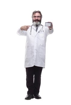 friendly doctor therapist showing his visiting card . isolated o