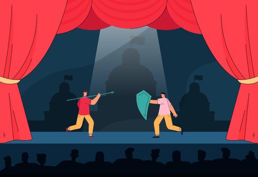 Actors fighting on stage flat vector illustration