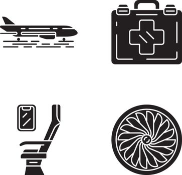 Aviation services glyph icons set