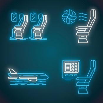 Aviation services neon light icons set