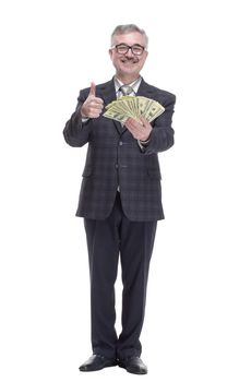 happy man with cash bills showing thumbs up