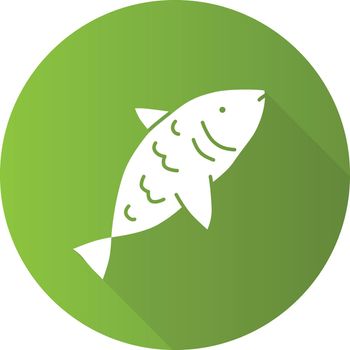 Raw fish green flat design long shadow glyph icon. Saltwater animal with fins, gills and scales vector silhouette illustration. Marine cuisine, fishing symbol. Delicious natural seafood, tasty eating