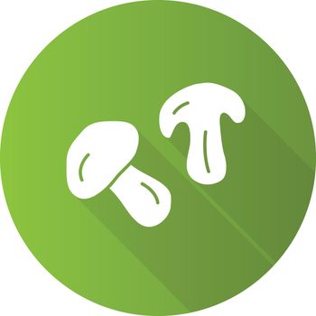 Edible mushroom green flat design long shadow glyph icon. Cut champignon, shiitake slice vector silhouette illustration. Healthy nutrition, vegetarian food. Tasty nutrient eating, organic snack