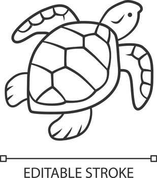 Turtle linear icon. Slow moving reptile with scaly shell. Aquatic animal. Swimming creature. Marine fauna. Thin line illustration. Contour symbol. Vector isolated outline drawing. Editable stroke