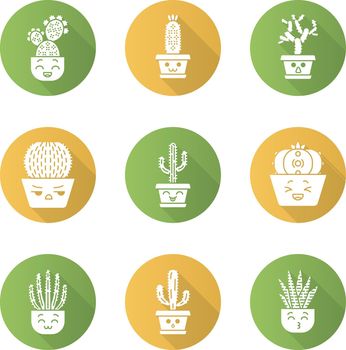 Cactuses flat design long shadow glyph icons set