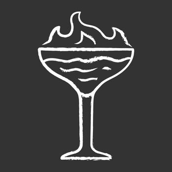 Flaming cocktail chalk icon. Martini glass with beverage and burning fire. Drink with flammable high-proof alcohol. Isolated vector chalkboard illustration