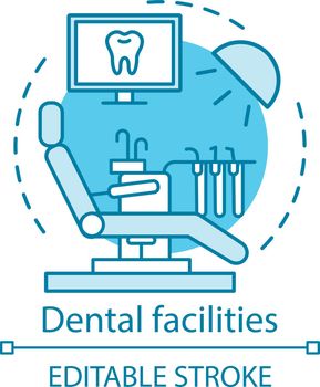 Dental facilities concept icon. Modern dentistry. Medical equipment. Patient chair, lamp, screen. Stomatological office idea thin line illustration. Vector isolated outline drawing. Editable stroke