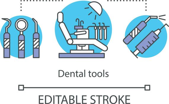 Dental facilities concept icon. Modern dentistry. Stomatological chair and instruments. Clinic office equipment idea thin line illustration. Vector isolated outline drawing. Editable stroke