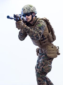 soldier aiming laseer sight optics white background