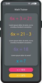 Math trainer app smartphone interface vector template