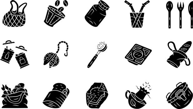 Zero waste kitchen glyph icons set