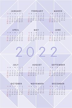 2022 calendar template on purple abstract background with translucent triangles. Calendar design for print and digital. Week starts on Sunday