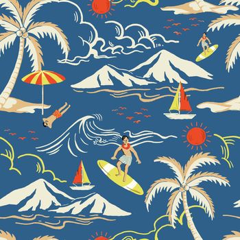 Blue tropical island pattern vector with tourist cartoon illustration