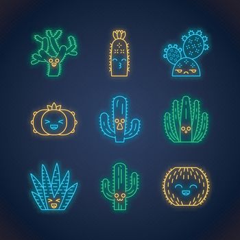 Cactuses cute kawaii neon light characters