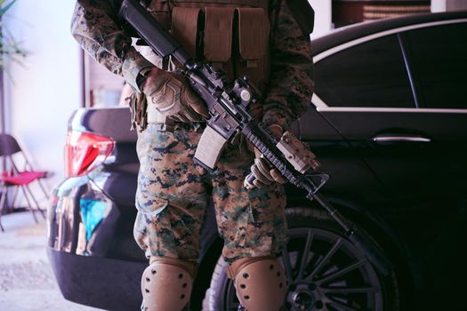 soldier protecting armored luxury buletproof vehicle