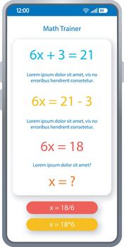 Math trainer app smartphone interface vector template