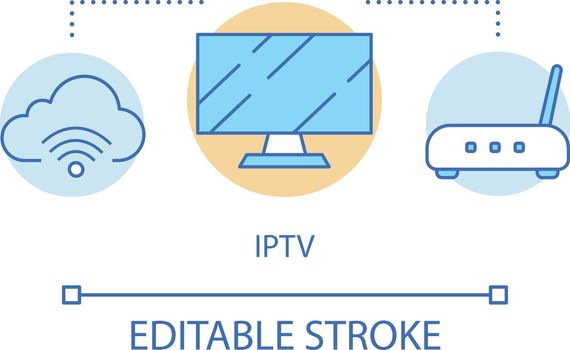IPTV word cloud concept icon. TV box, Internet protocol TV idea thin line illustration. Multimedia tracking, cloud storage vector isolated outline drawing. Editable stroke