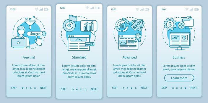 SEO keyword tool subscription onboarding mobile app page screen vector template