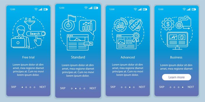 SEO keyword tool subscription onboarding mobile app page screen vector template