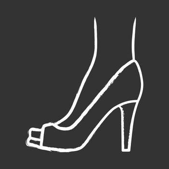 Peep toe high heels chalk icon. Woman stylish footwear design. Female casual shoes, luxury modern summer stilettos. Fashionable party clothing accessory. Isolated vector chalkboard illustration