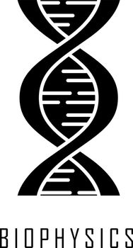 Biophysics glyph icon. Genetics. DNA helix molecule structure. Genome scientific studies. Biotechnological, genetical engineering. Silhouette symbol. Negative space. Vector isolated illustration