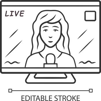 Reporter woman on TV linear icon. Female journalist reporting breaking news live. Newswoman on TV screen. Thin line illustration. Contour symbol. Vector isolated outline drawing. Editable stroke