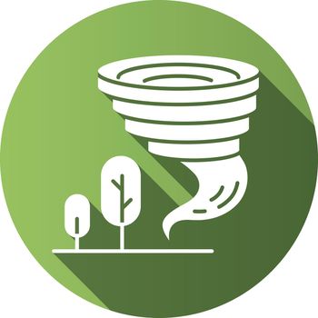Tornado green flat design long shadow glyph icon. Twister. Cyclone. Natural disaster. Extreme weather condition. Destructive whirling wind. Storm spiral funnel, trees. Vector silhouette illustration