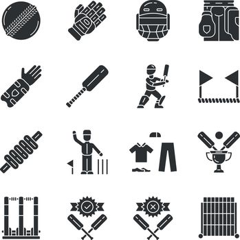 Cricket championship glyph icons set. Sport uniform, protective gear, game equipment. Athletic activity. Bat and ball team game. Match preparation. Silhouette symbols. Vector isolated illustration
