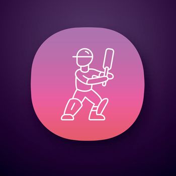Cricket player app icon. Batsman ready to fight off pitch. Cricketer in uniform, leg pads with bat. Athlete on playground. UI/UX user interface. Web or mobile application. Vector isolated illustration